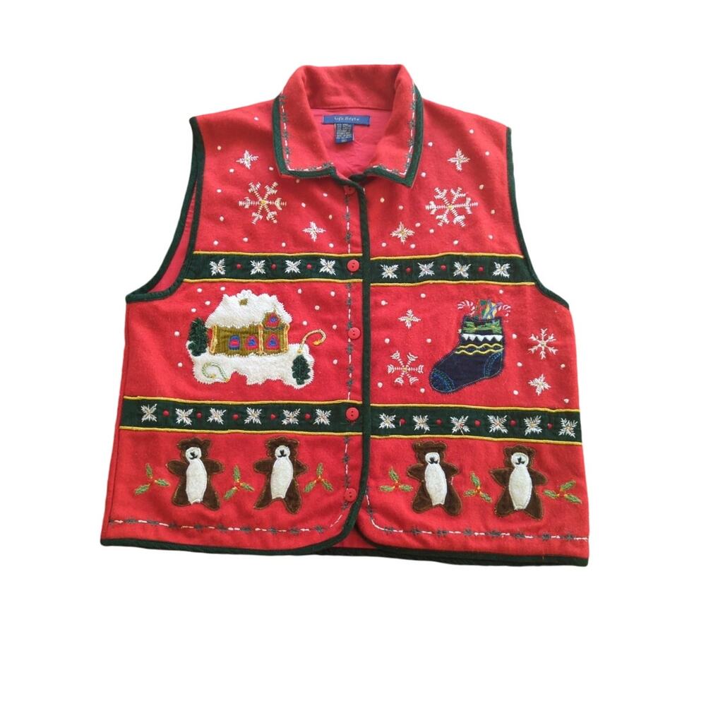 Red Christmas Holiday Wool Appliqued Bear Sweater Vest by Life Style